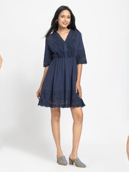 SHAYE - Women Navy Blue Cotton Solid Mini Dress