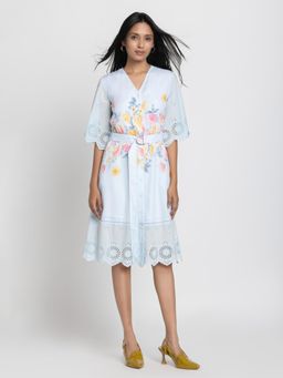 SHAYE - Women Blue Cotton Printed Midi Dress