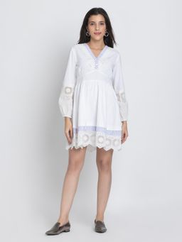 SHAYE - Women White Cotton Printed Mini Dress