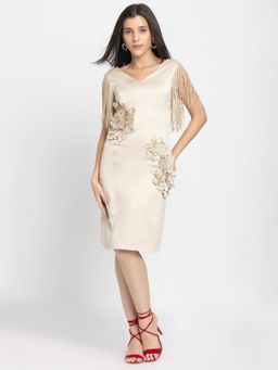 SHAYE - Women Beige Polyester Embroidered Knee Length Dress