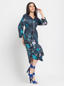 SHAYE - Women Navy Blue Modal Printed Midi Dress