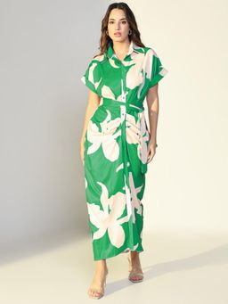 SHOWOFF - Women Green Satin Floral Maxi Dress