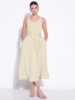 SHOWOFF - Women Beige Cotton Solid Midi Dress