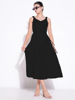 SHOWOFF - Women Black Cotton Solid Midi Dress