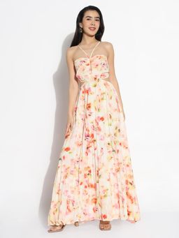 SHOWOFF - Women Peach Georgette Abstract Maxi Dress