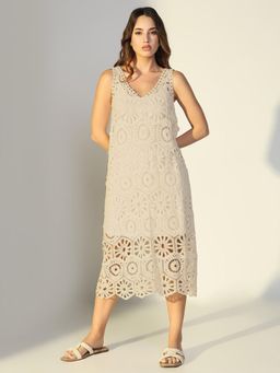 SHOWOFF - Women Cream Cotton Self Design Midi Dress