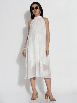 SHOWOFF - Women White Cotton Solid Midi Dress
