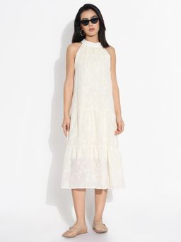 SHOWOFF - Women Cream Cotton Solid Midi Dress