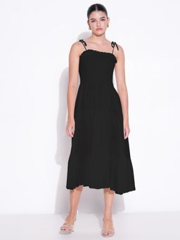 SHOWOFF - Women Black Cotton Blend Solid Midi Dress