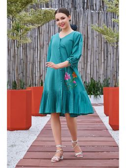 Curvy Lane - Women Teal Cotton Floral Mini Dress