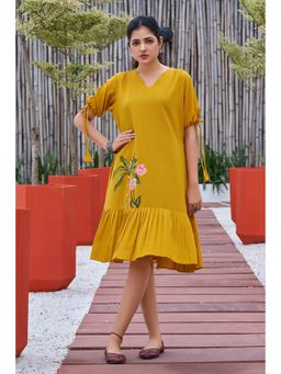 Curvy Lane - Women Mustard Cotton Floral Mini Dress