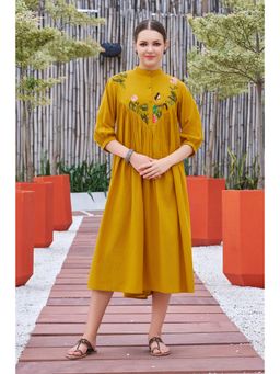 Curvy Lane - Women Mustard Cotton Floral Midi Dress