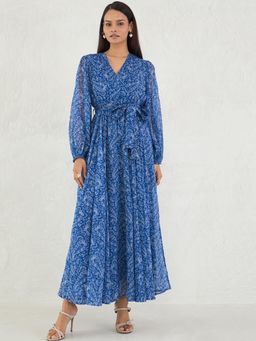 Femmella - Women Blue Chiffon Printed Maxi Dress