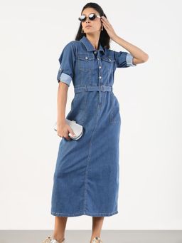 SHOWOFF - Women Blue Cotton Solid Midi Dress with Belt (Set of 2)