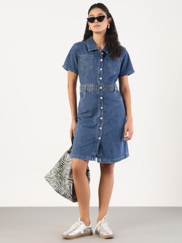 SHOWOFF - Women Blue Cotton Solid Mini Dress