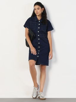 SHOWOFF - Women Navy Blue Cotton Solid Mini Dress