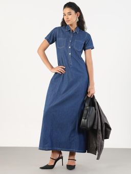 SHOWOFF - Women Blue Cotton Solid Maxi Dress