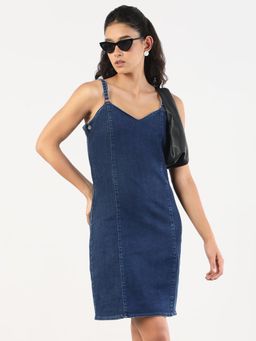 SHOWOFF - Women Navy Blue Cotton Solid Mini Dress