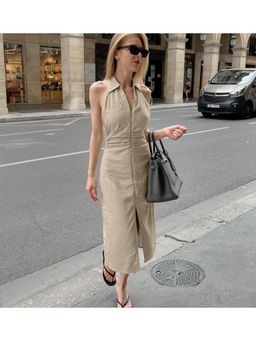 Miakee - Austen Khaki Turn-Down Collar Midi Dress