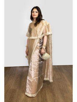 SARI KI ALMARI - Beige Cape Embellished Sequined Saree with Unstitched Blouse