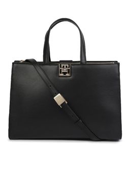 Tommy Hilfiger - Solid Black Pu Handbag with Detachable Strap