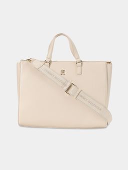 Tommy Hilfiger - Solid Beige Pu Handbag with Detachable Strap