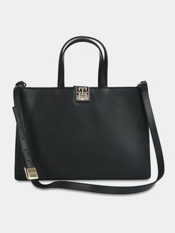 Tommy Hilfiger - Solid Black Pu Handbag with Detachable Strap