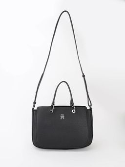 Tommy Hilfiger - Solid Black Pu Handbag with Detachable Strap