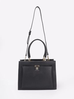 Tommy Hilfiger - Solid Black Pu Handbag with Detachable Strap