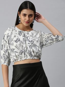SHOWOFFFF - Women Round Neck Three Fourth Sleeves Printed White Crop Top