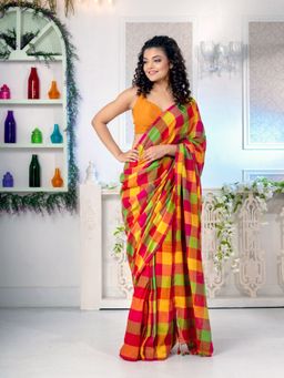 CHARUKRITI - Multicolour Pure Cotton Handwoven Soft Saree with Box Design with Unstitched Blouse