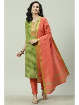 Biba - Green Cotton Unstitched Suit (Set of 3)