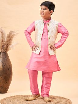 Vastramay - Boys Beige and Pink Jacket, Kurta and Pyjama (Set of 3)