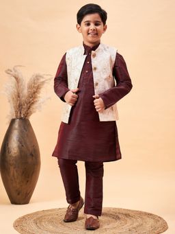 Vastramay - Boys Beige and Wine Jacket, Kurta and Pyjama (Set of 3)