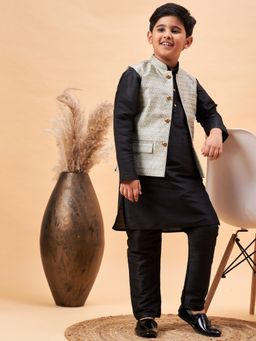 Vastramay - Boys Beige and Black Jacket, Kurta and Pyjama (Set of 3)