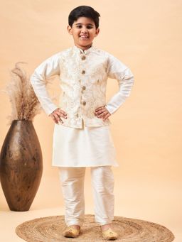 Vastramay - Boys Beige and Cream Jacket, Kurta and Pyjama (Set of 3)