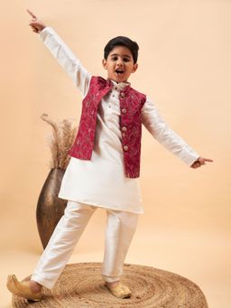 Vastramay - Boys Maroon and Cream Jacket, Kurta and Pyjama (Set of 3)