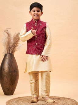 Vastramay - Boys Maroon and Gold Jacket, Kurta and Pyjama (Set of 3)
