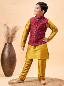 Vastramay - Boys Maroon and Mustard Jacket, Kurta and Pyjama (Set of 3)