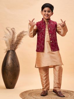 Vastramay - Boys Maroon and Rose Gold Jacket, Kurta and Pyjama (Set of 3)