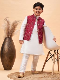 Vastramay - Boys Maroon and White Jacket, Kurta and Pyjama (Set of 3)