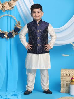 Vastramay - Boys Navy Blue and Cream Jacket, Kurta and Pyjama (Set of 3)