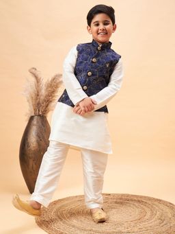 Vastramay - Boys Navy Blue and Cream Jacket, Kurta and Pyjama (Set of 3)