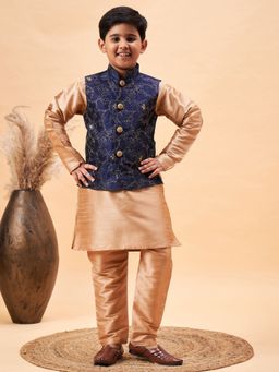 Vastramay - Boys Navy Blue and Rose Gold Jacket, Kurta and Pyjama (Set of 3)