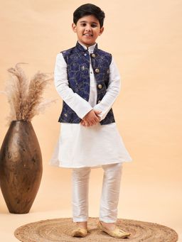 Vastramay - Boys Navy Blue and White Jacket, Kurta and Pyjama (Set of 3)
