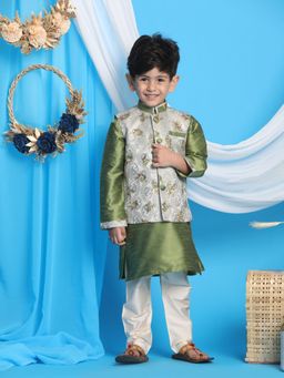 Vastramay - Boys Green Jacket, Kurta and Pyjama (Set of 3)
