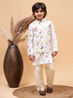 Vastramay - Boys Cream Jacket, Kurta and Pyjama (Set of 3)