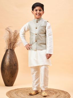 Vastramay - Boys Cream and Beige Jacket, Kurta and Pyjama (Set of 3)