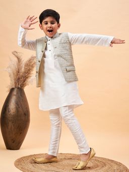 Vastramay - Boys White and Beige Jacket, Kurta and Pyjama (Set of 3)
