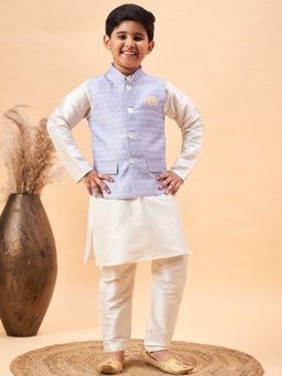 Vastramay - Boys Cream and Blue Jacket, Kurta and Pyjama (Set of 3)